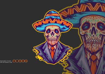 Sugar skull muertos mexican sombrero hat logo illustrations