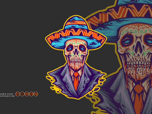 Sugar skull muertos mexican sombrero hat logo illustrations t shirt template vector