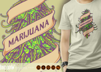 Cannabis bud plant marijuana leaf swirls ribbon ornament logo illustrations