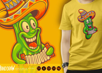 Cactus playing accordion mexican sombrero hat cinco de mayo logo cartoon illustrations