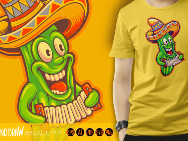 Cactus playing accordion mexican sombrero hat cinco de mayo logo cartoon illustrations t shirt vector file