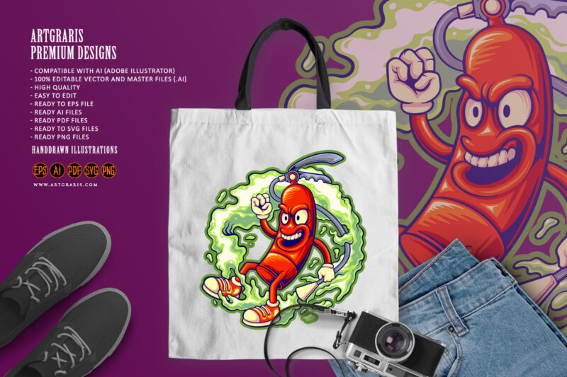 Red fire extinguisher with smoke effect logo cartoon illustrations