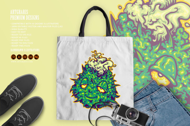 Marijuana hemp leaf monster with weed smoke logo cartoon illustrations