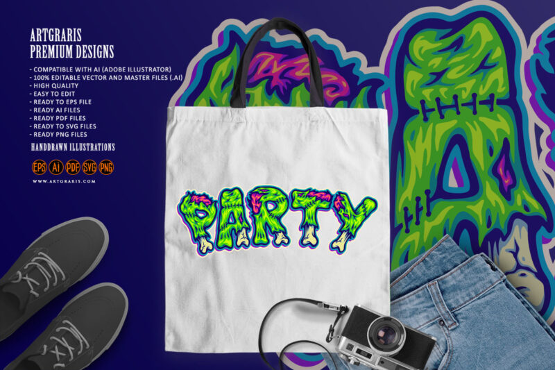 Party zombie bone font hand lettering word cartoon illustrations