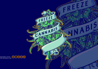 Weed freeze plant hemp bud scroll ribbon ornament logo cartoon illustrations t shirt design for sale