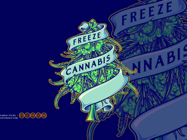 Weed freeze plant hemp bud scroll ribbon ornament logo cartoon illustrations t shirt design for sale