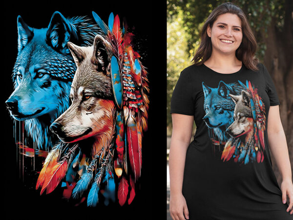 Wolves american native t shirt design for sale