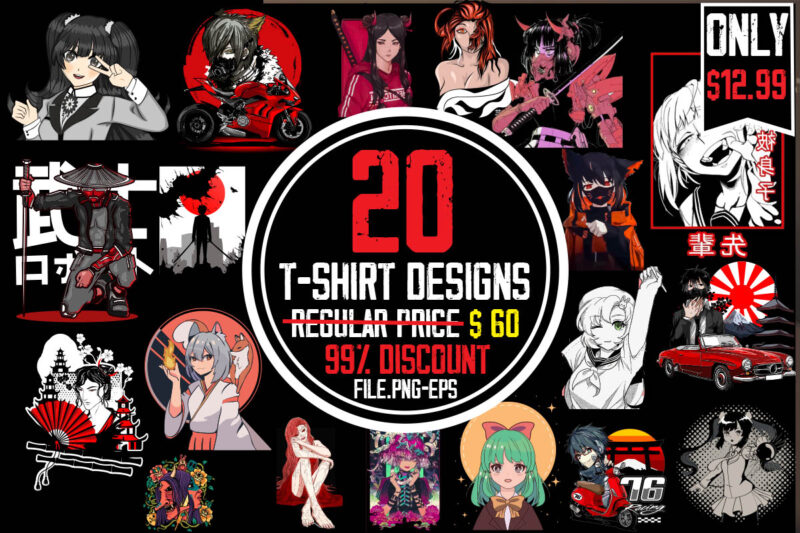 Anime T-shirt Bundle,20 Designs,Anime T-shirt Design,Demon inside T-shirt Design ,samurai t shirt design,apparel, artwork bushido, buy t shirt design, artwork cool, samurai ,illustration, culture demand, fashion geisha, samurai illustration helmet,