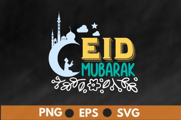 Happy eid mubarak for muslim kids eid al fitr al adha moon t-shirt design vector,
