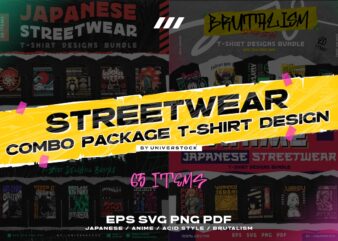 Streetwear Combo Package T-shirt Design, Streetwear Vector T-shirt Designs Bundle, Japanese, Brutalism, Anime, Acid Style. UNIVERSTOCK