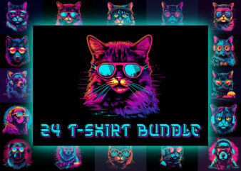24 Neon cat and dog 80s style t-shirt vector illustration bundle