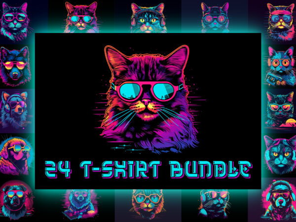 24 neon cat and dog 80s style t-shirt vector illustration bundle