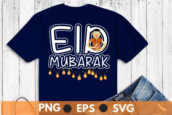 Eid al fitr mubarak kareem light, happy ramadan karim 2021 light with kids t-shirt design vector,