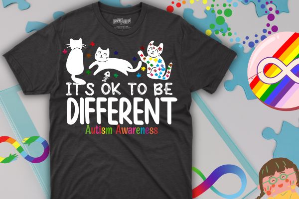 Cute cats animals be differents autism awareness t-shirt design vector, it’s ok to be different autism awareness month, cat autism mom