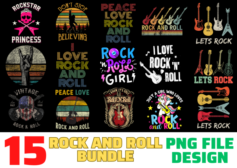 15 Rock And Roll shirt Designs Bundle For Commercial Use, Rock And Roll ...