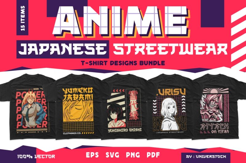 Streetwear Combo Package T-shirt Design, Streetwear Vector T-shirt Designs Bundle, Japanese, Brutalism, Anime, Acid Style. UNIVERSTOCK