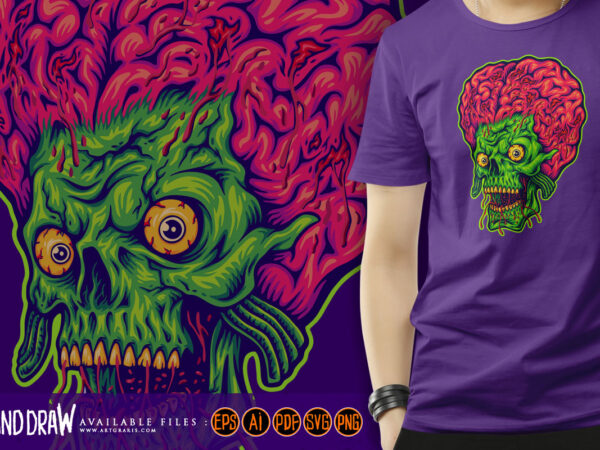 Brained alien skull creepy head logo illustration t shirt template