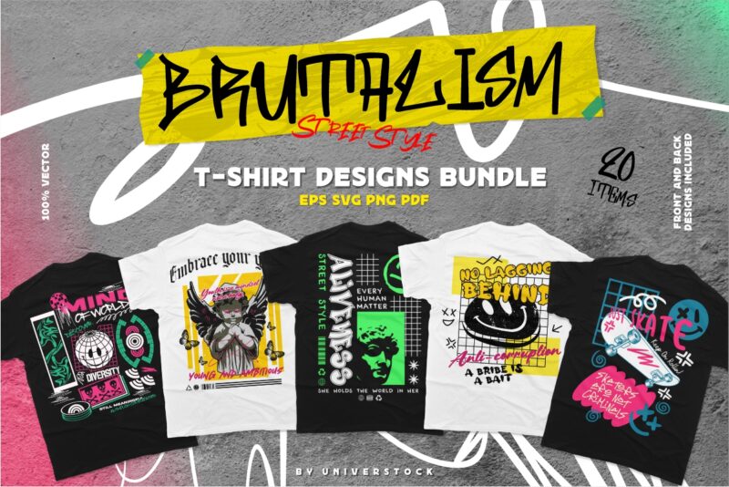 Streetwear Combo Package T-shirt Design, Streetwear Vector T-shirt Designs Bundle, Japanese, Brutalism, Anime, Acid Style. UNIVERSTOCK