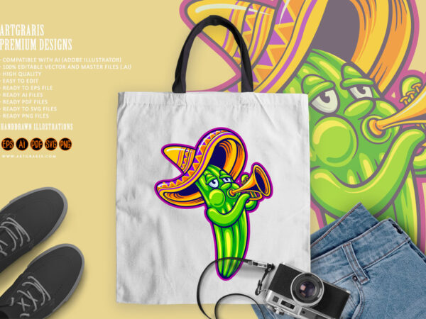 Cinco de mayo cactus wearing sombrero playing trumpet illustration t shirt vector file Cinco de mayo cactus wearing sombrero playing trumpet illustration t shirt vector file
