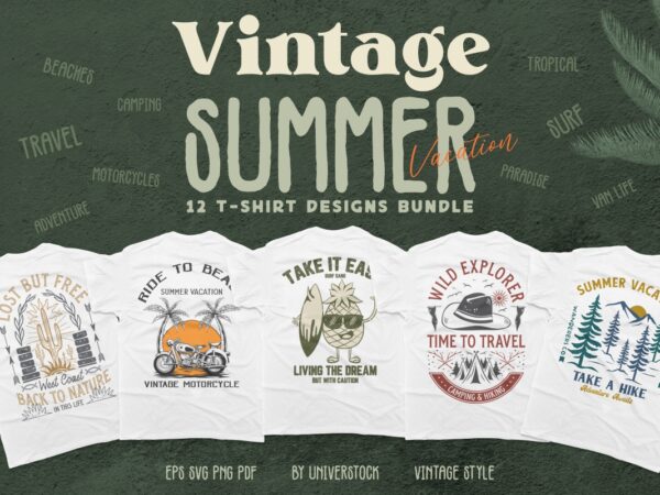 Vintage summer vacation t-shirt design vector bundle | universtock