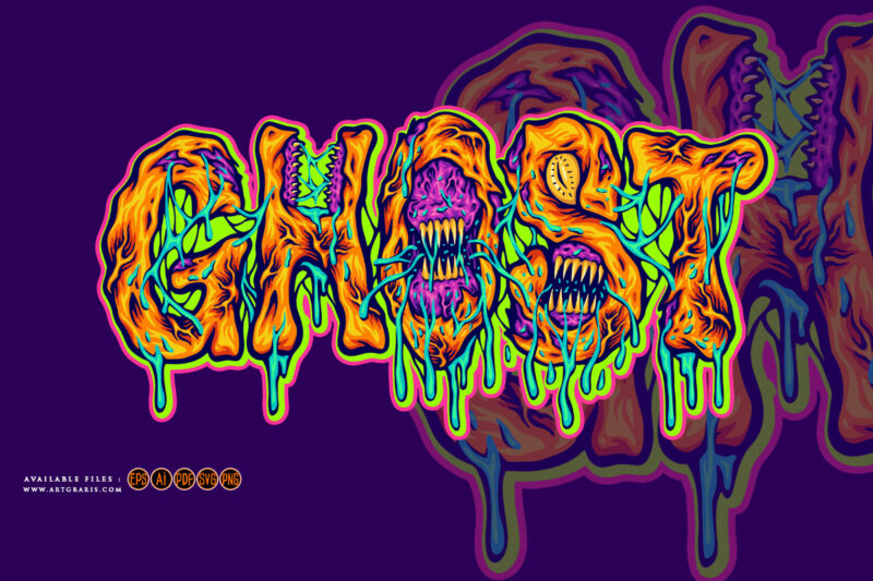 Creepy ghost word typeface with monster effect illustration