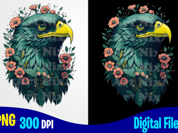 Eagle with flowers, colorful eagle head, watercolor vintage png sublimation t shirt design