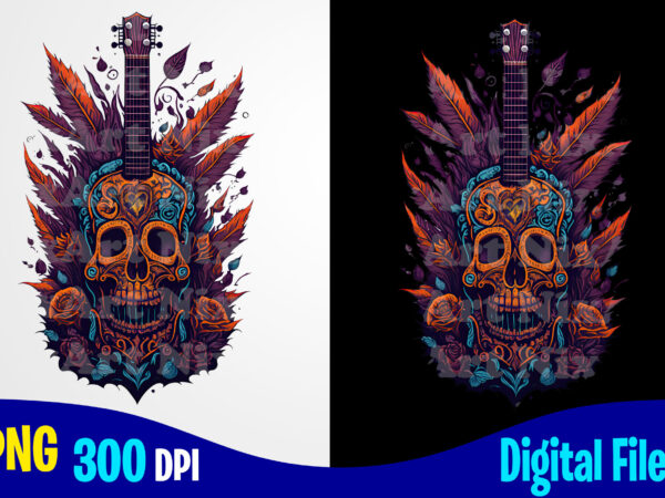 Colorful guitar with skull, guitar, day of the dead, watercolor vintage png sublimation t shirt design