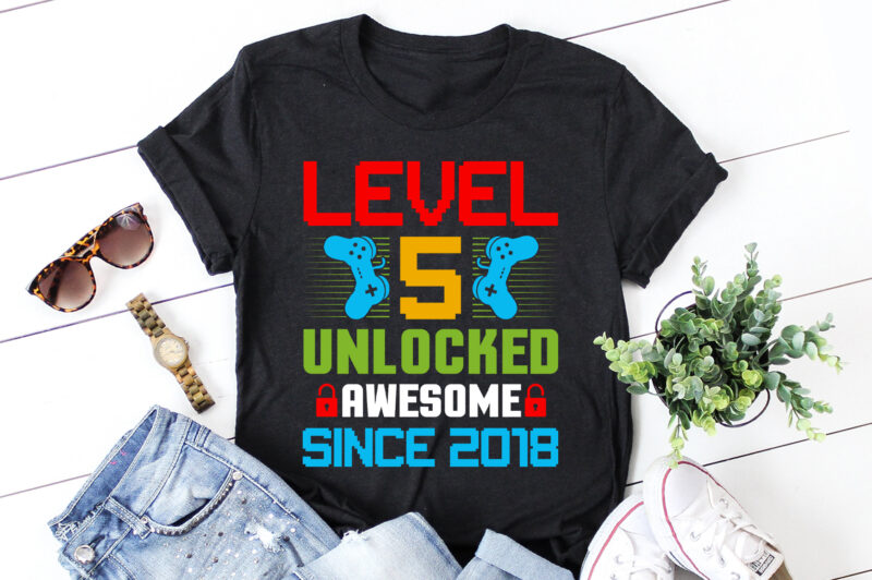 Level 5 Unlocked Awesome Since 2018 Gamer Birthday T-Shirt Design