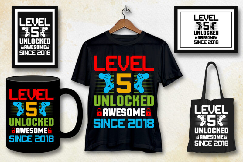 Level 5 Unlocked Awesome Since 2018 Gamer Birthday T-Shirt Design