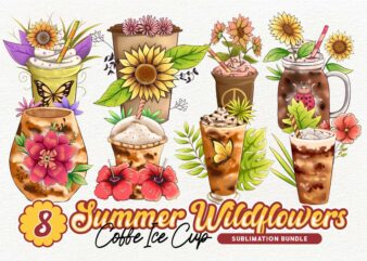 Summer Wildflowers Coffee Ice Cup Sublimation Bundle, UNIVERSTOCK t shirt template vector