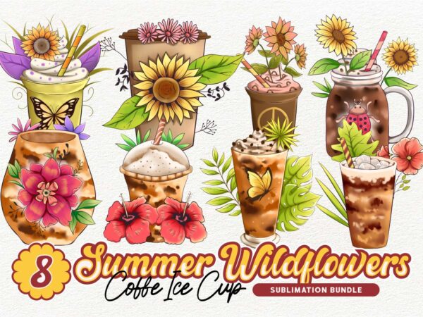 Summer wildflowers coffee ice cup sublimation bundle, universtock t shirt template vector