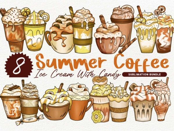 Summer coffee ice cream with candy sublimation png bundle, universtock t shirt template vector