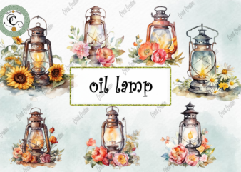 Oil Lamp With Flower Watercolor PNG Design