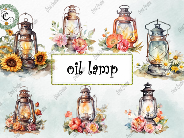 Oil lamp with flower watercolor png design
