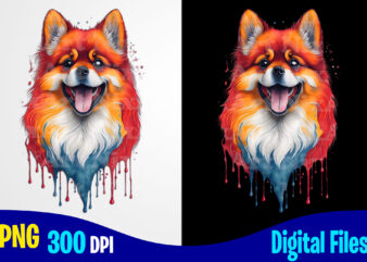 Pomeranian Spitz, Colorful Happy Dog, watercolor dripping paint png sublimation t shirt design