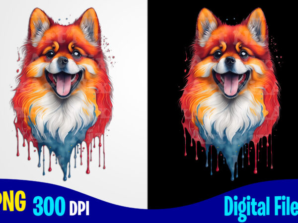 Pomeranian spitz, colorful happy dog, watercolor dripping paint png sublimation t shirt design