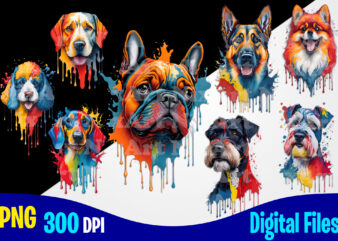 Dogs Bundle, Colorful Happy Dog, watercolor dripping paint png sublimation t shirt design