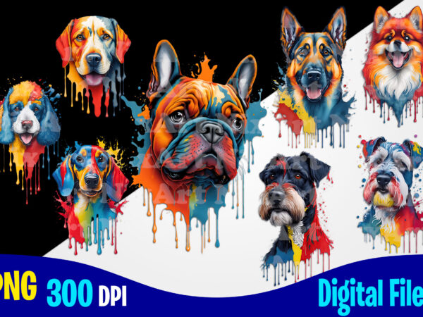 Dogs bundle, colorful happy dog, watercolor dripping paint png sublimation t shirt design