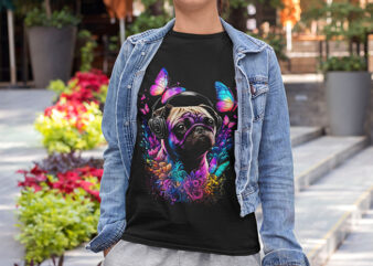 Pug Adorable with headphone t shirt illustration