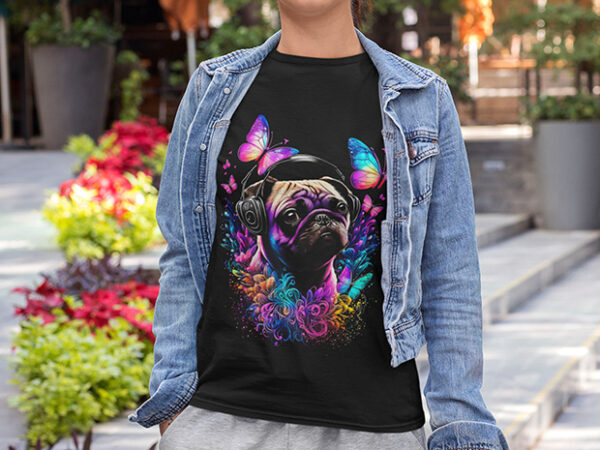 Pug adorable with headphone t shirt illustration