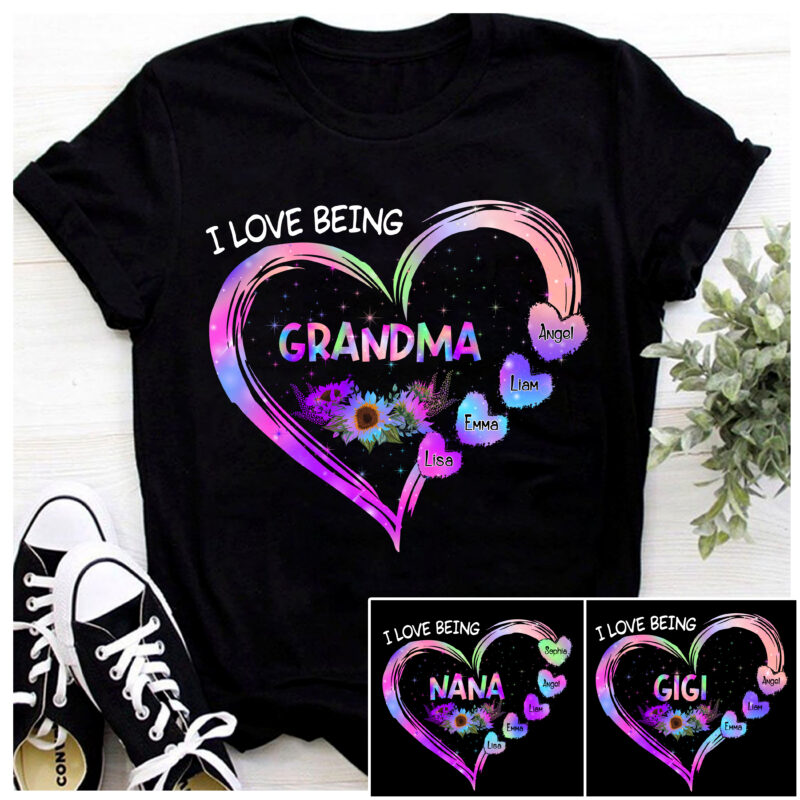 RD Personalized I Love Being Grandma Sunflower With Heart Shirt, Funny Grandma Shirt, Custom Grandma With Grandkids Name Shirt