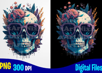 Colorful Skull with Flowers, Skull with sunglasses Day of the Dead, watercolor vintage png sublimation t shirt design