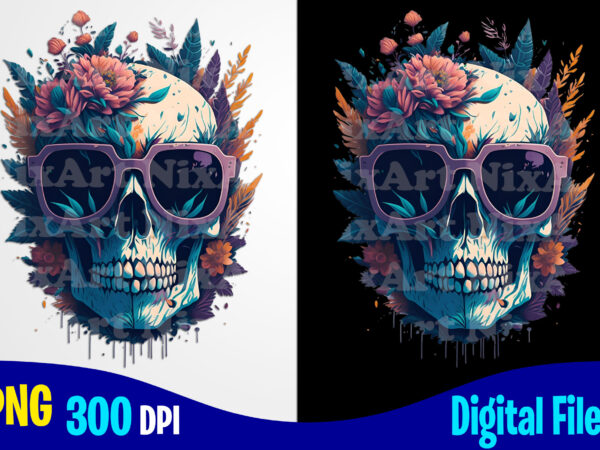 Colorful skull with flowers, skull with sunglasses day of the dead, watercolor vintage png sublimation t shirt design