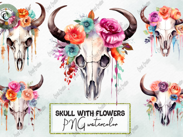 Cow skull with flowers png sublimation t shirt vector file