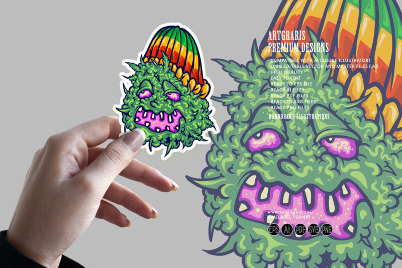 stoned marijuana buds with jamaican hat logo illustrations