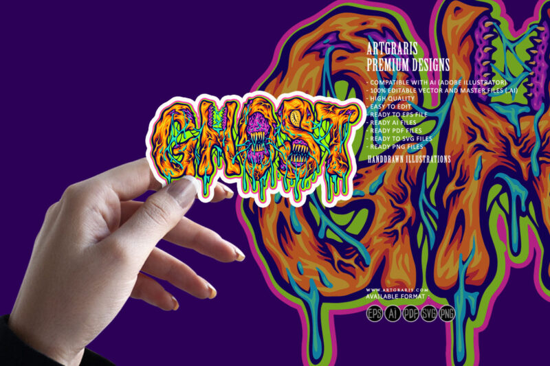 Creepy ghost word typeface with monster effect illustration