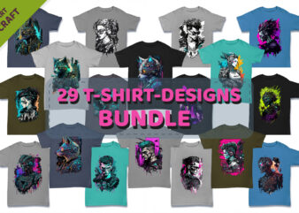Bundle 29 T-Shirt-designs. Cyberpunk style.