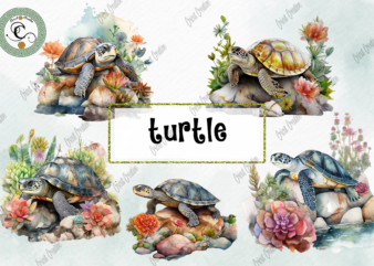 Turtle With Flower PNG Watercolor Sublimation t shirt designs for sale