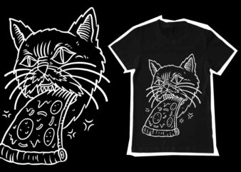 cat eating pizza vector illustration for t-shirt design