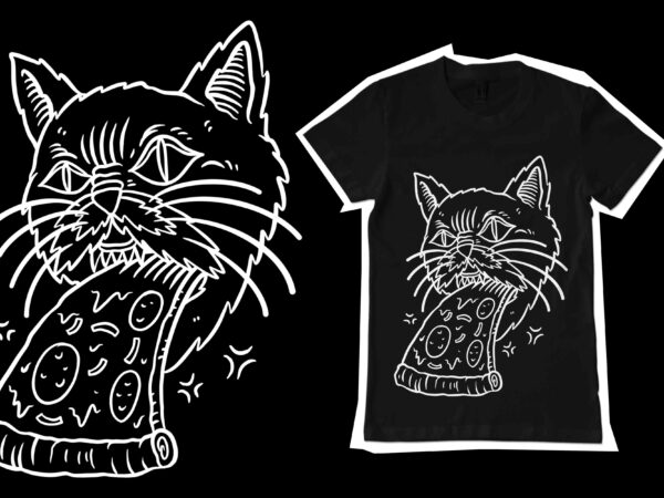 Cat eating pizza vector illustration for t-shirt design